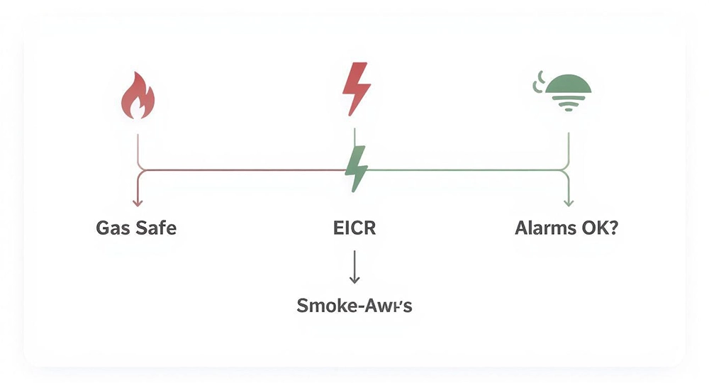 Flowchart illustrating landlord safety requirements for gas, electrical, and smoke alarms.