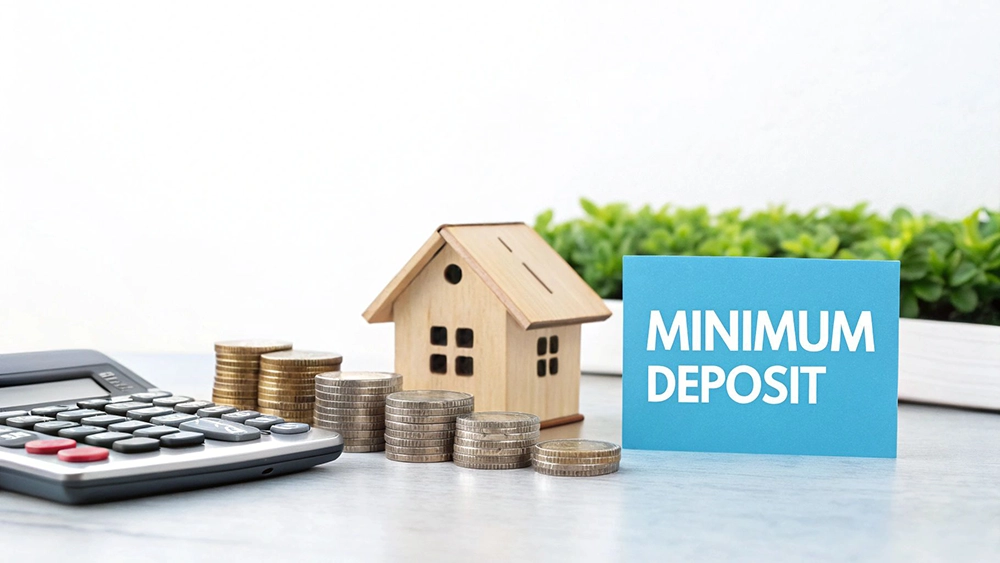 A calculator, stacks of coins, a miniature wooden house, and a blue sign saying 'MINIMUM DEPOSIT' illustrate home savings.