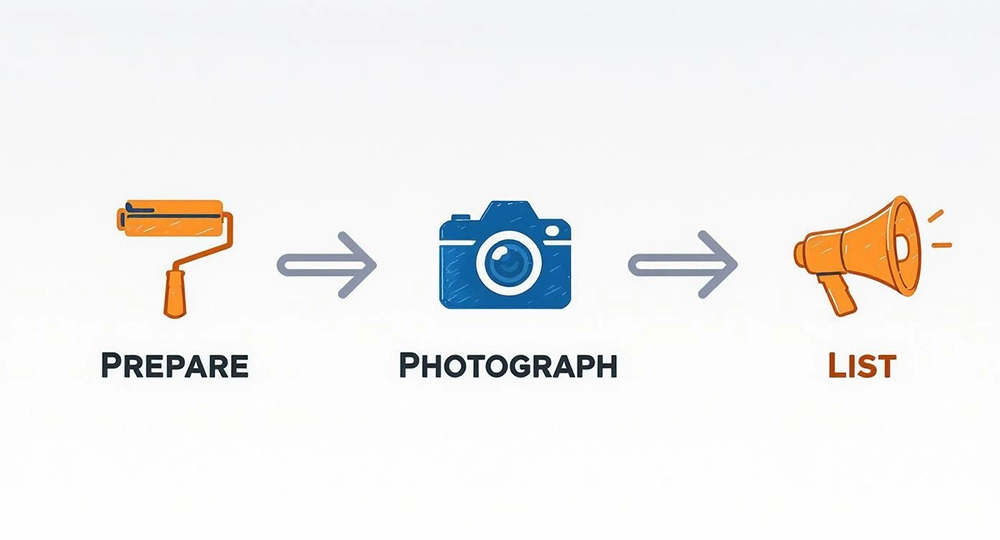 An infographic showing a three-step process: prepare (paint roller icon), photograph (camera icon), and list (megaphone icon).