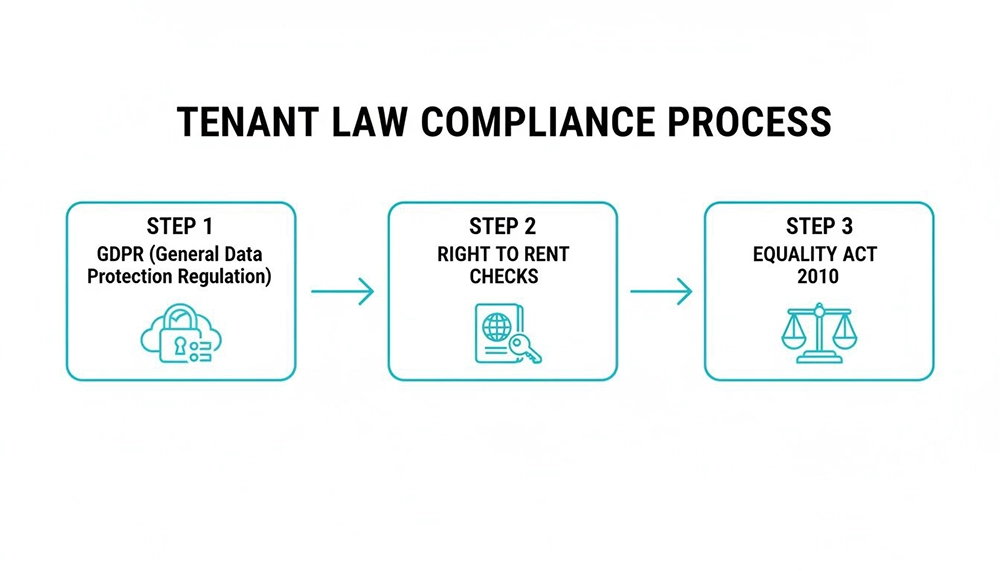 Flowchart outlining tenant law compliance process steps: GDPR, Right to Rent Checks, and Equality Act 2010.