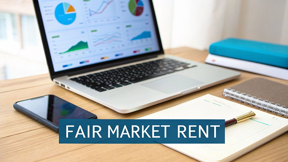 A laptop displaying financial charts and graphs on a wooden desk, with a phone, notebook, and pen, and text 'FAIR MARKET RENT'.