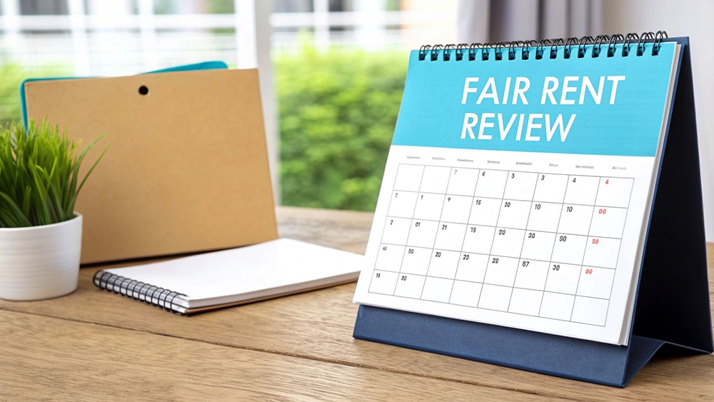 A desk calendar displays 'FAIR RENT REVIEW' beside a plant, notepad, and folders in an office.