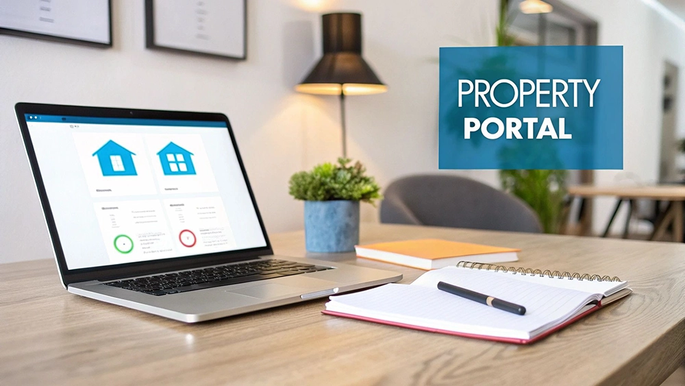 A laptop on a wooden desk displays a property portal interface with house icons.