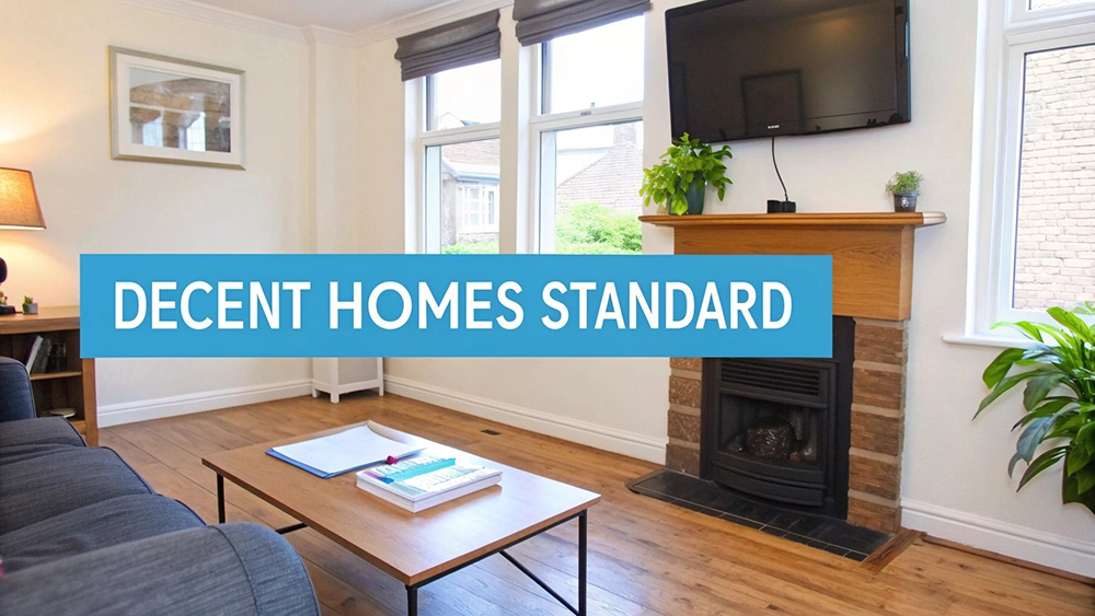 A cozy living room with a sofa, coffee table, fireplace, and windows, featuring the text "DECENT HOMES STANDARD".