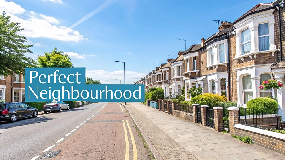 A picturesque residential street featuring classic Victorian terraced houses under a bright blue sky.