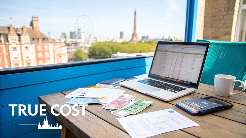 Laptop displaying spreadsheet with financial documents and calculator on outdoor London terrace workspace