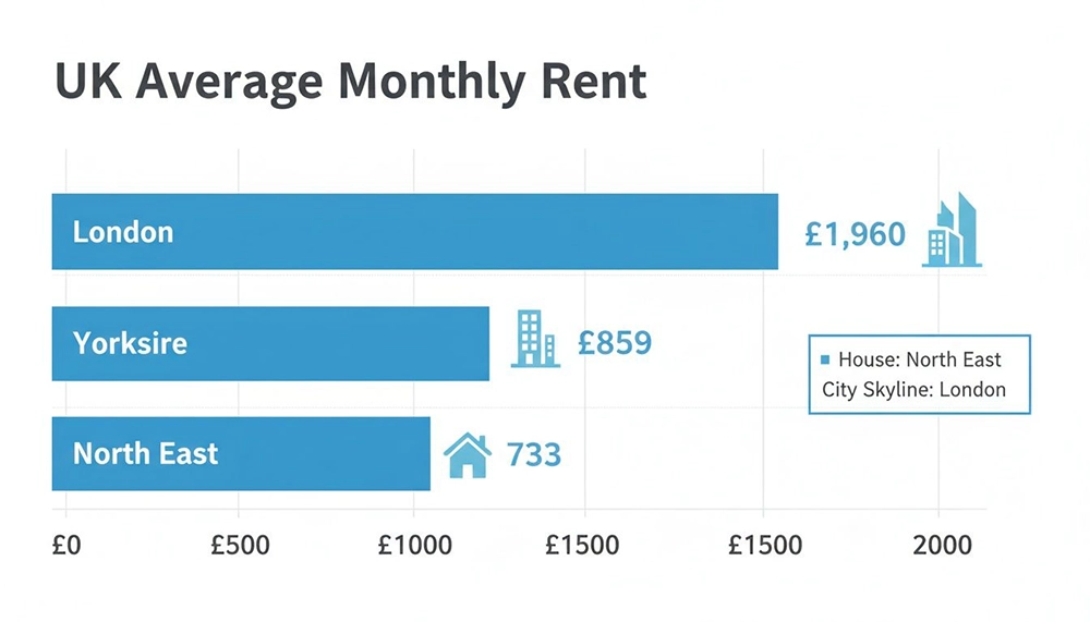 Bar chart displaying UK average monthly rent with London, Yorkshire, and North East regions.