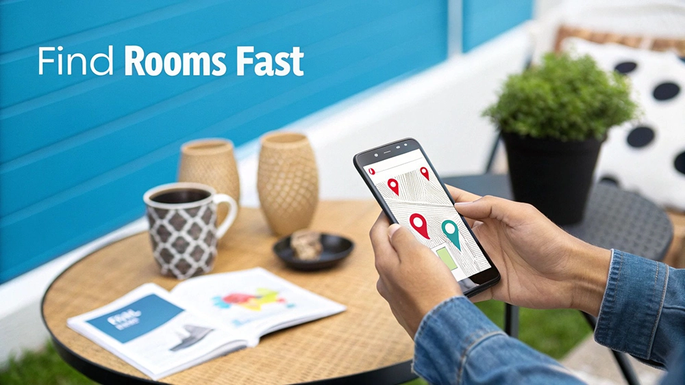 Person uses a smartphone map app with location pins to find rooms fast, sitting at an outdoor table.
