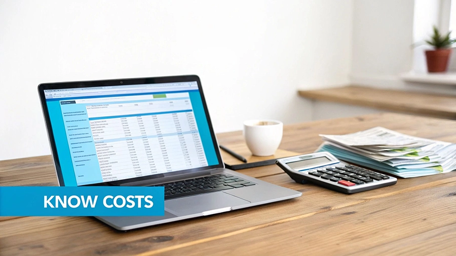 Man counting money with a laptop and calculator, representing budgeting for a house share in Liverpool