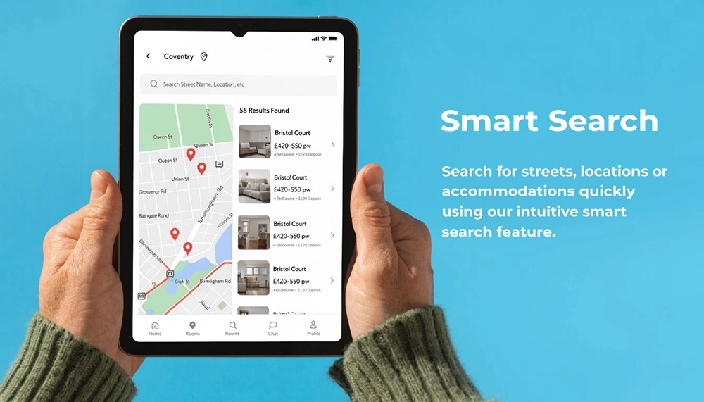 A person holding a tablet displaying a room rental app with map view and search results in Coventry.