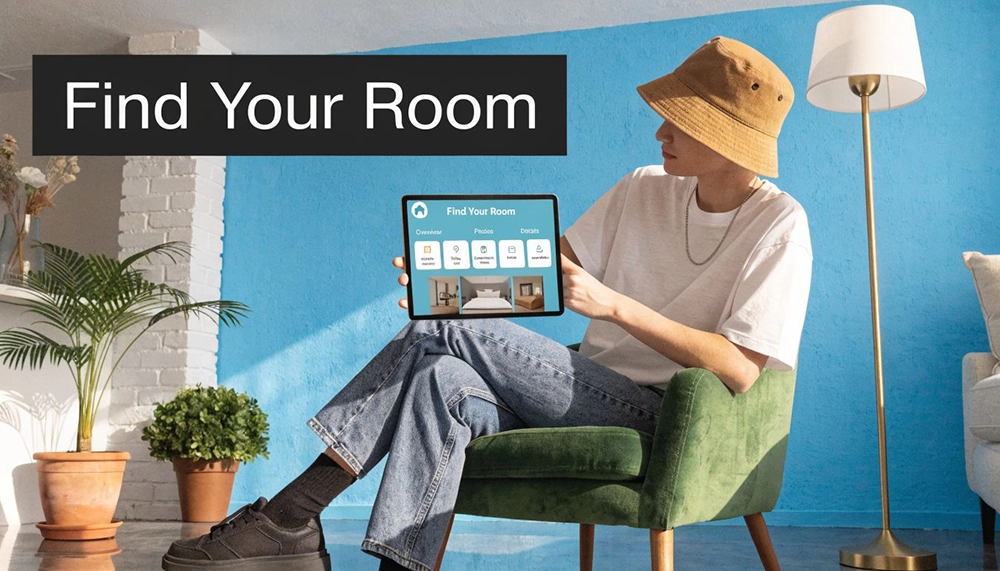 A person sitting in a green chair holding a tablet displaying a room rental search interface.