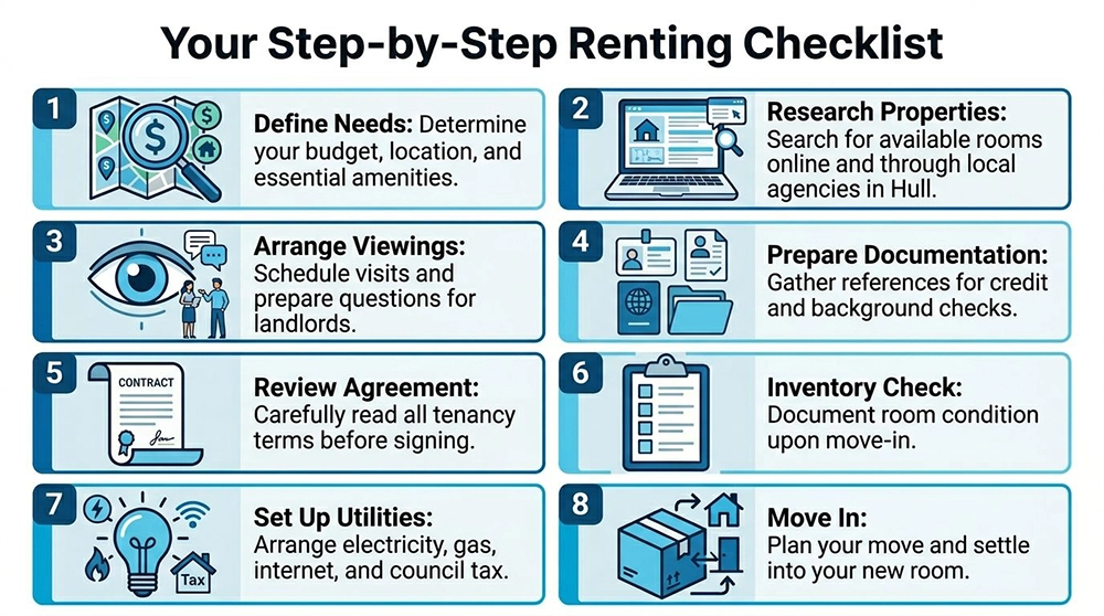An eight-step infographic guiding renters through the process of finding and moving into a new room.