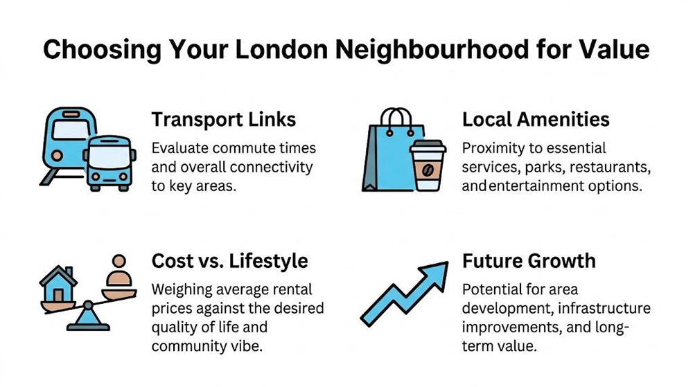 An infographic titled Choosing Your London Neighbourhood for Value highlighting four key factors for property seekers.