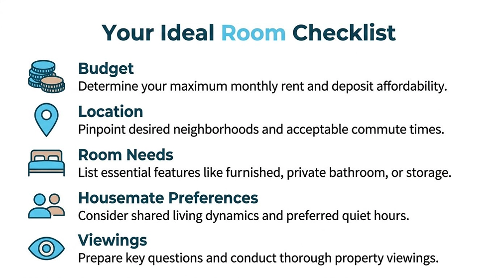 A checklist for finding an ideal room, including categories for budget, location, room needs, housemates, and viewings.
