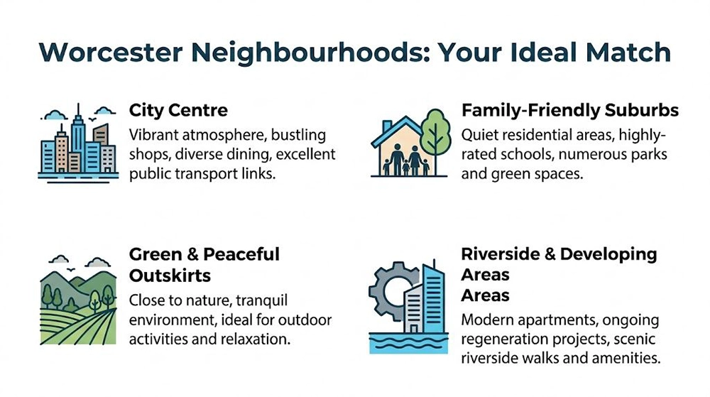 A graphic titled Worcester Neighbourhoods displaying four options: City Centre, Family-Friendly Suburbs, Green Outskirts, and Riverside Areas.