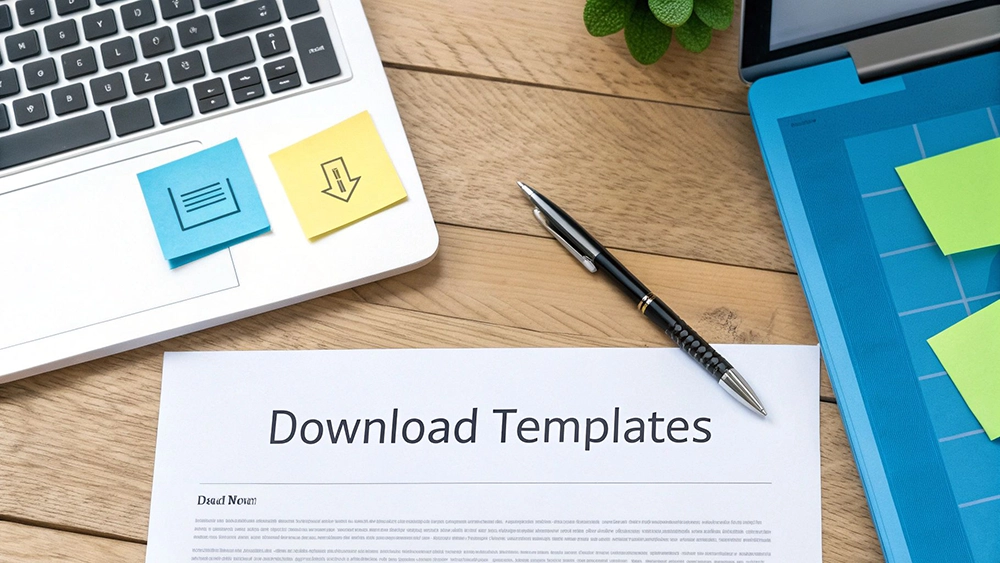 Overhead view of a desk with a laptop, sticky notes, pen, and 'Download Templates' document.