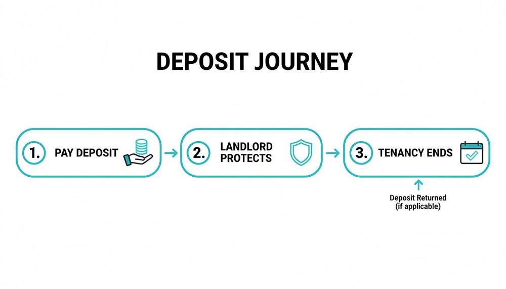 A flowchart illustrating the three steps of a tenancy deposit journey: Pay Deposit, Landlord Protects, and Tenancy Ends, with deposit return indicated.
