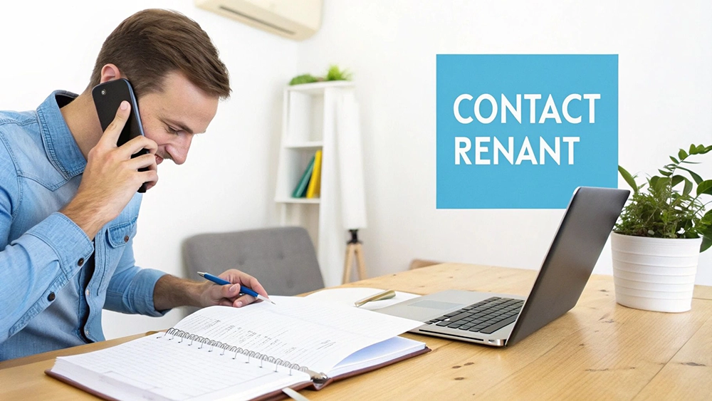 A man in a denim shirt talking on the phone and writing, with a laptop and text 'CONTACT RENANT'.