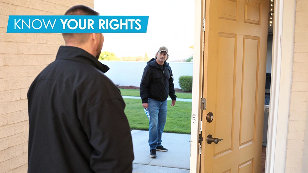 A person in a doorway faces a visitor holding a pamphlet, with a 'KNOW YOUR RIGHTS' banner.