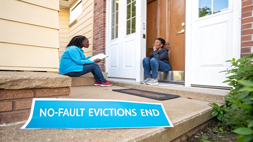 Two women on a porch, one holding papers, speak near a 'NO-FAULT EVICTIONS END' sign.