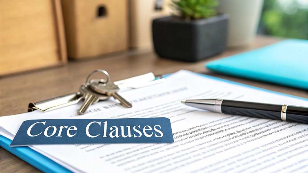 A legal document titled 'Core Clauses' with house keys and a pen on a wooden desk.