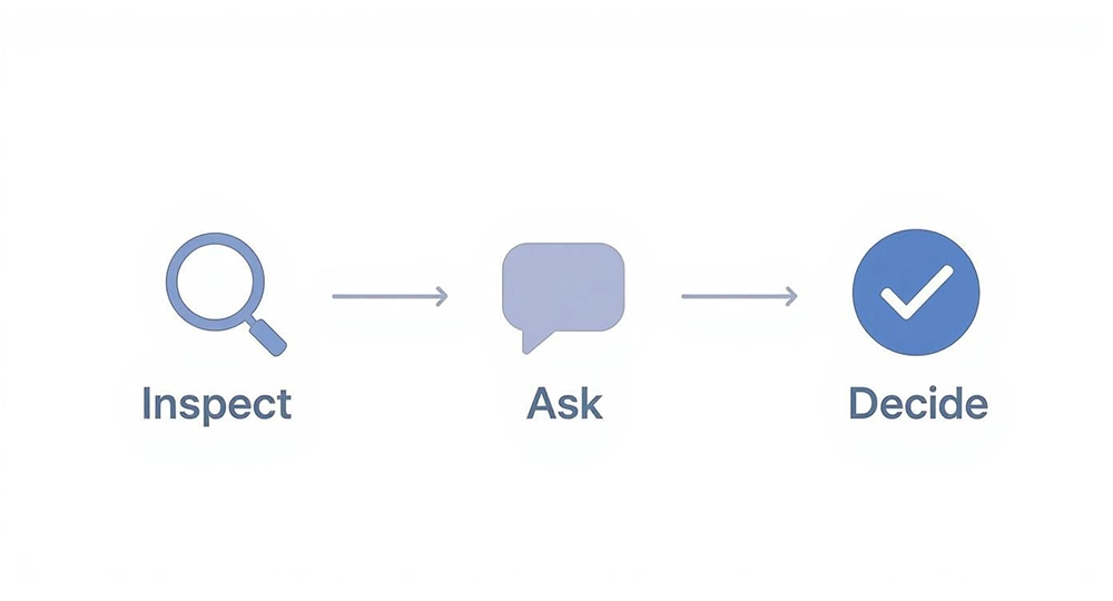 A diagram illustrates a three-step process: Inspect with a magnifying glass, Ask with a speech bubble, and Decide with a checkmark.