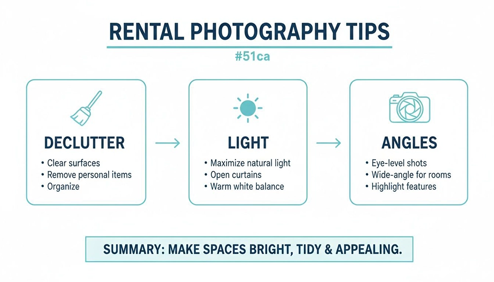 Infographic showing rental photography tips: declutter, light, and angles for appealing spaces.