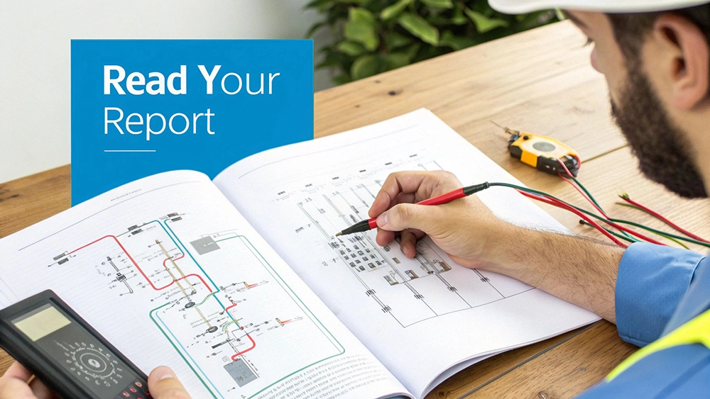 Engineer reviewing electrical diagrams and a report, holding a pen and test equipment.