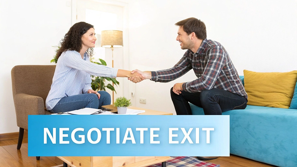 A man and woman shake hands in a bright room, symbolizing an agreement or negotiation, with "NEGOTIATE EXIT" text.