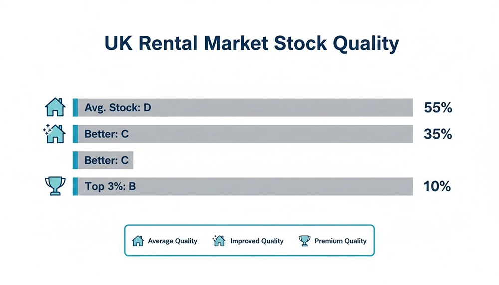 Bar chart illustrating UK rental market stock quality distribution by EPC rating, showing percentages for average, better, and top quality.