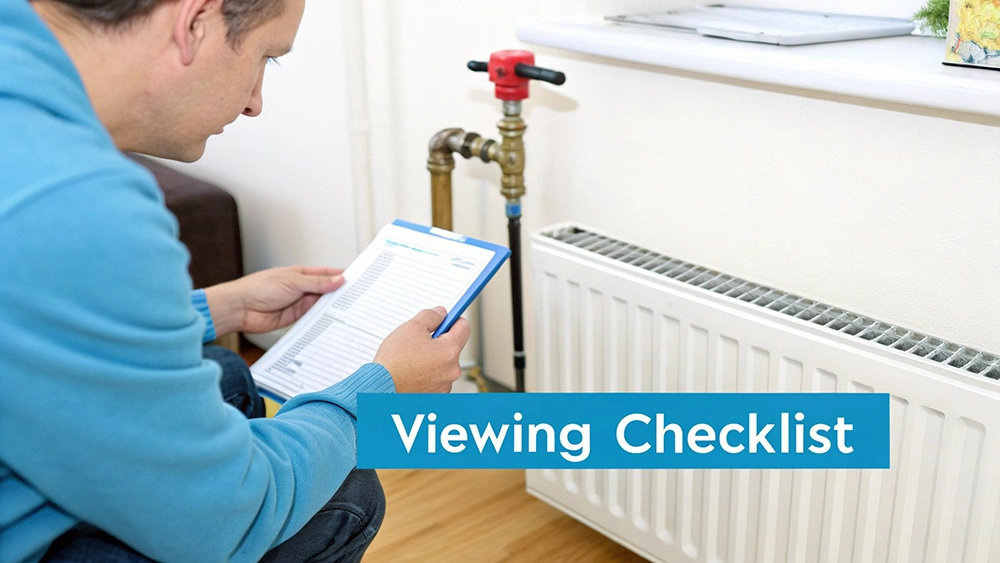 A man in a blue hoodie reviews a viewing checklist next to a white radiator and pipes.