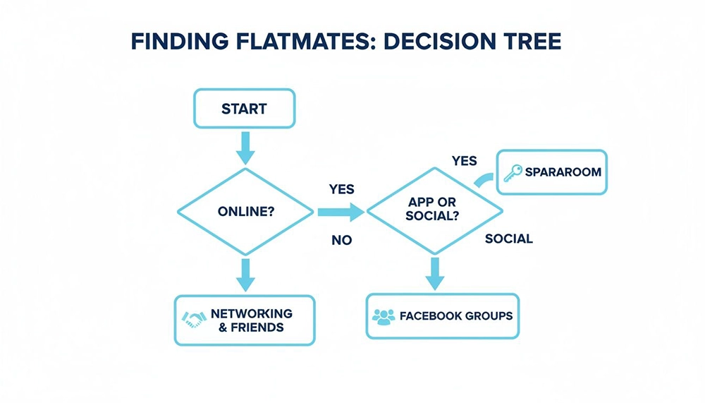A decision tree flowchart for finding flatmates, showing options like online apps, social media, and networking.