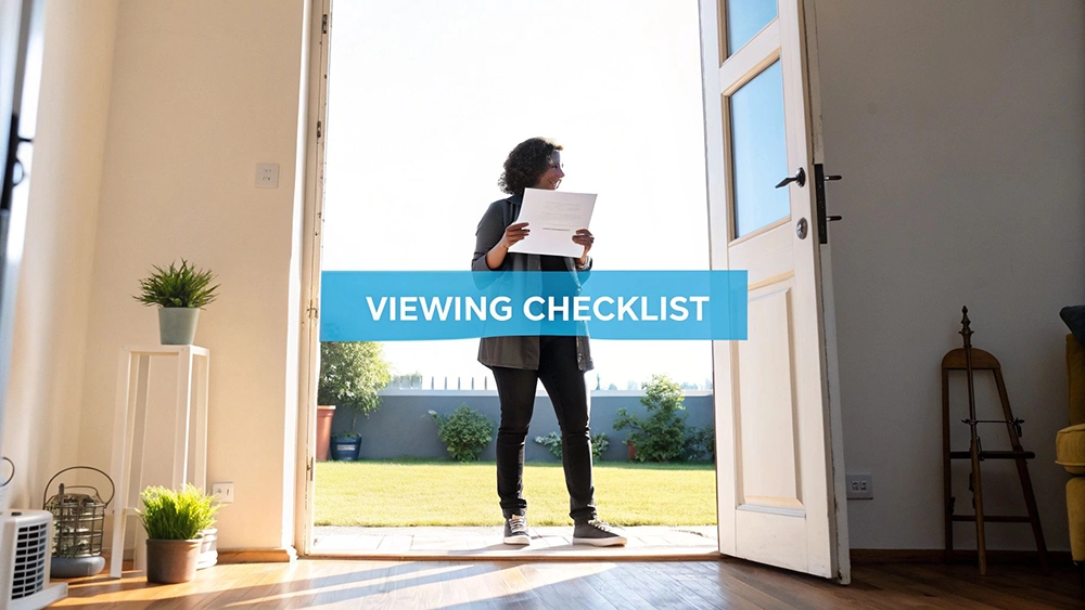 A person reviews a viewing checklist while standing in the bright doorway of a house.