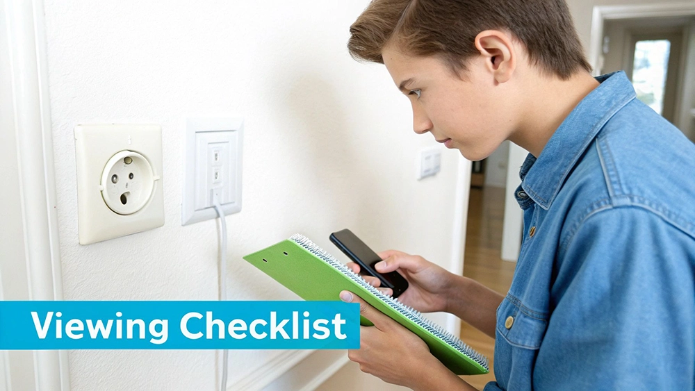 Young person checking apartment viewing checklist with phone and notebook in empty room