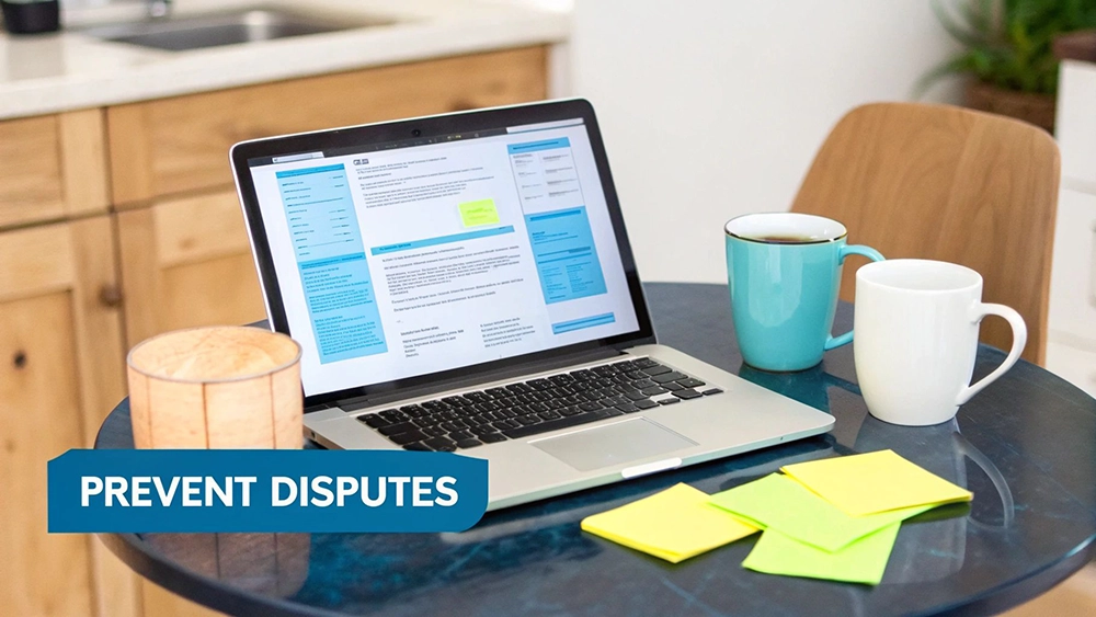 A laptop, two coffee mugs, and sticky notes on a table, with a 'PREVENT DISPUTES' banner.