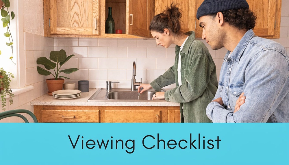 A couple examining the kitchen sink while viewing a potential house share to rent together.