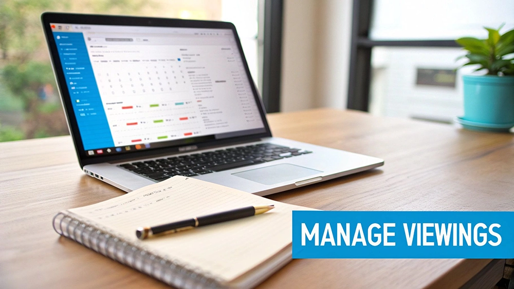 Hand holding a smartphone displaying 'StandOut Listing' text over a bedroom photo, with a real bedroom in the background.