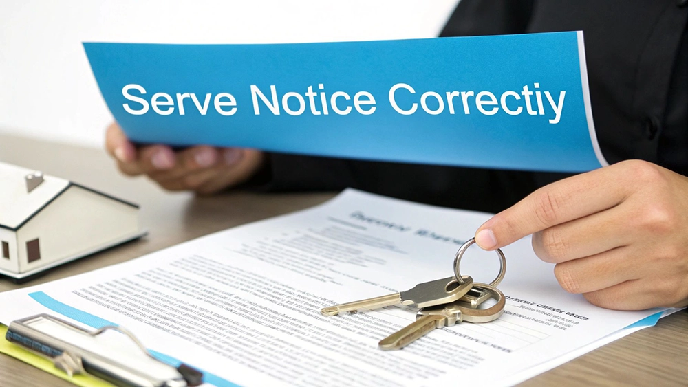 Hands holding a blue document 'Serve Notice Correctly', with house keys and real estate papers on a table.