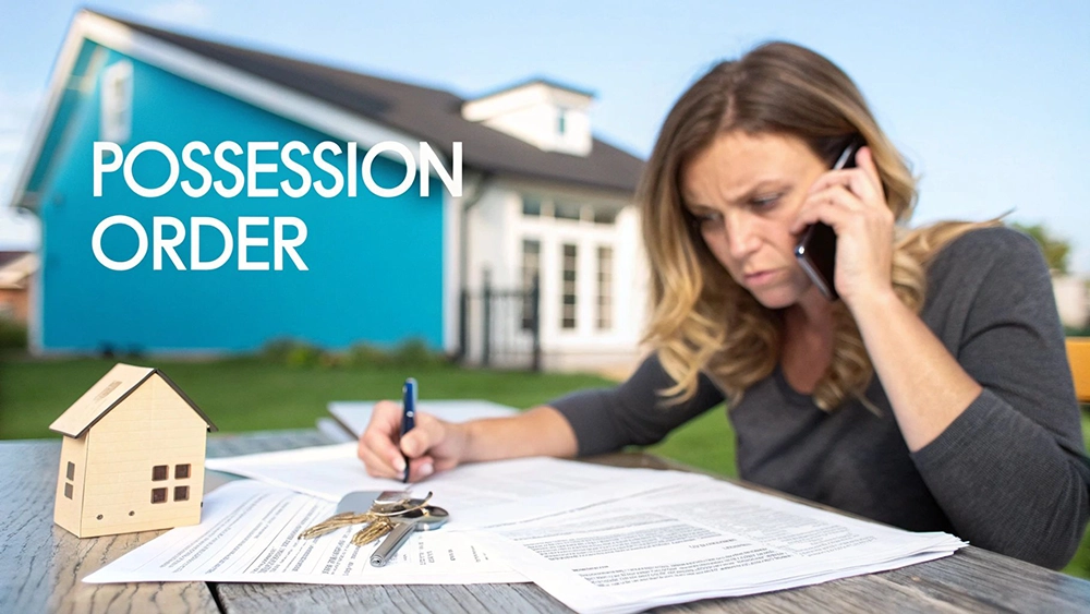 A worried woman on the phone signs documents about a possession order with a house model and keys.