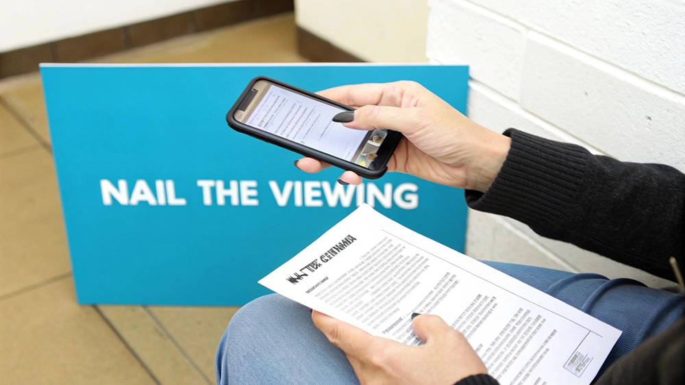 Person reviewing information on a smartphone and paper in front of a 'NAIL THE VIEWING' sign.