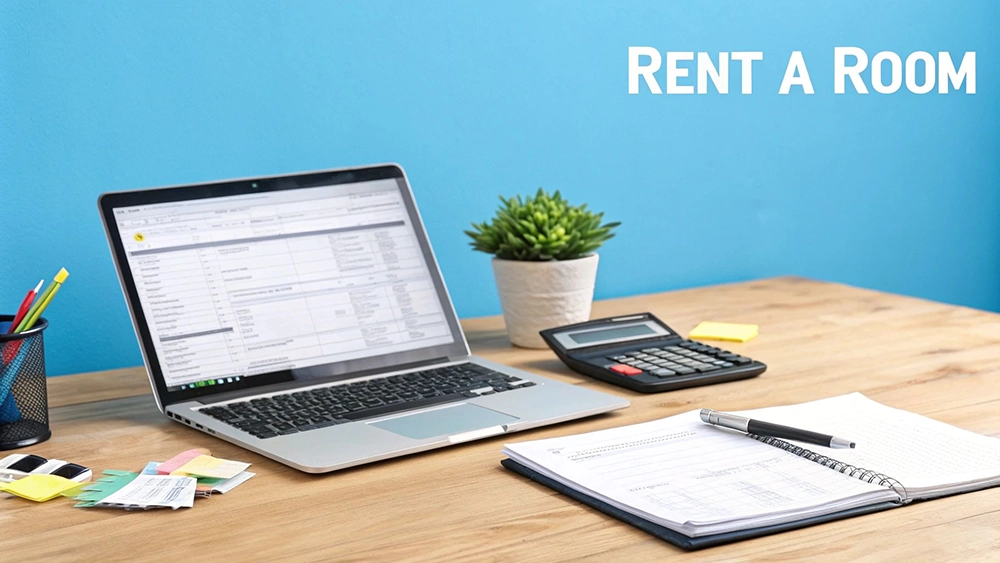 A desk with a laptop, calculator, plant, and notepad, set against a blue wall with 'RENT A ROOM' text.