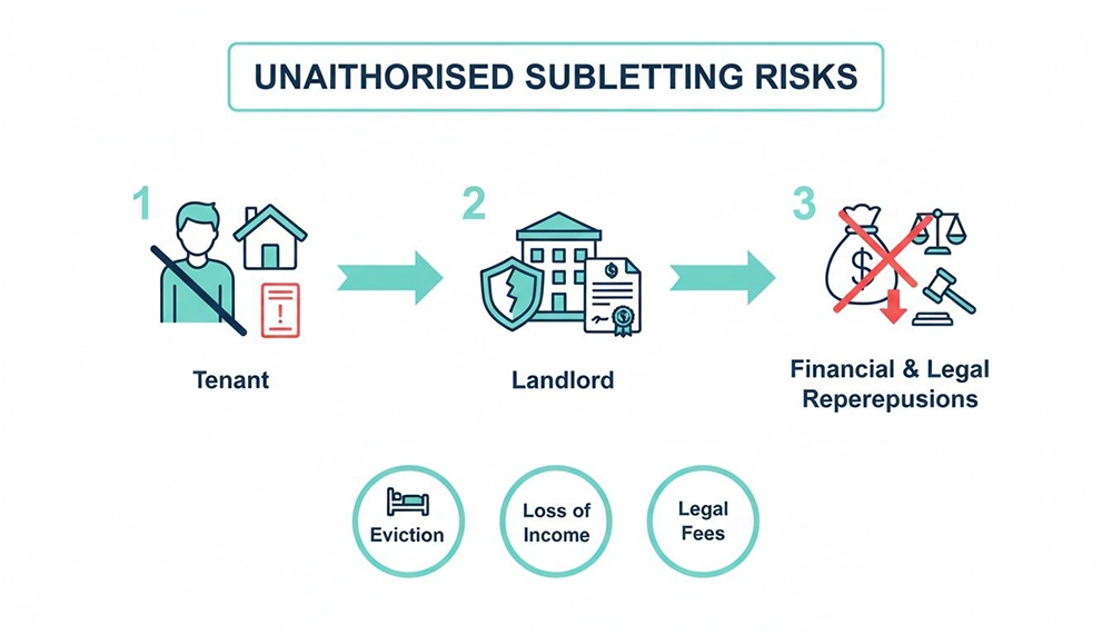 Infographic detailing risks of unauthorized subletting, including eviction, loss of income, and legal fees.