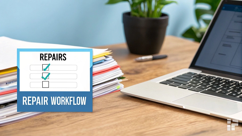 A blue and white graphic with a 'REPAIRS' checklist showing completed tasks and a 'REPAIR WORKFLOW' title.