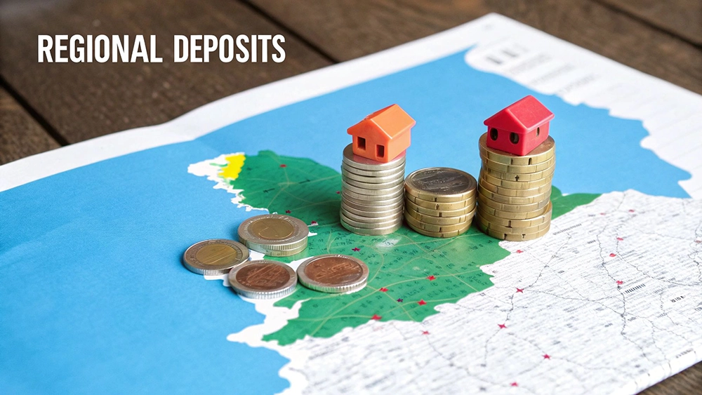 Regional map with coin stacks and miniature houses, representing regional deposits and real estate.