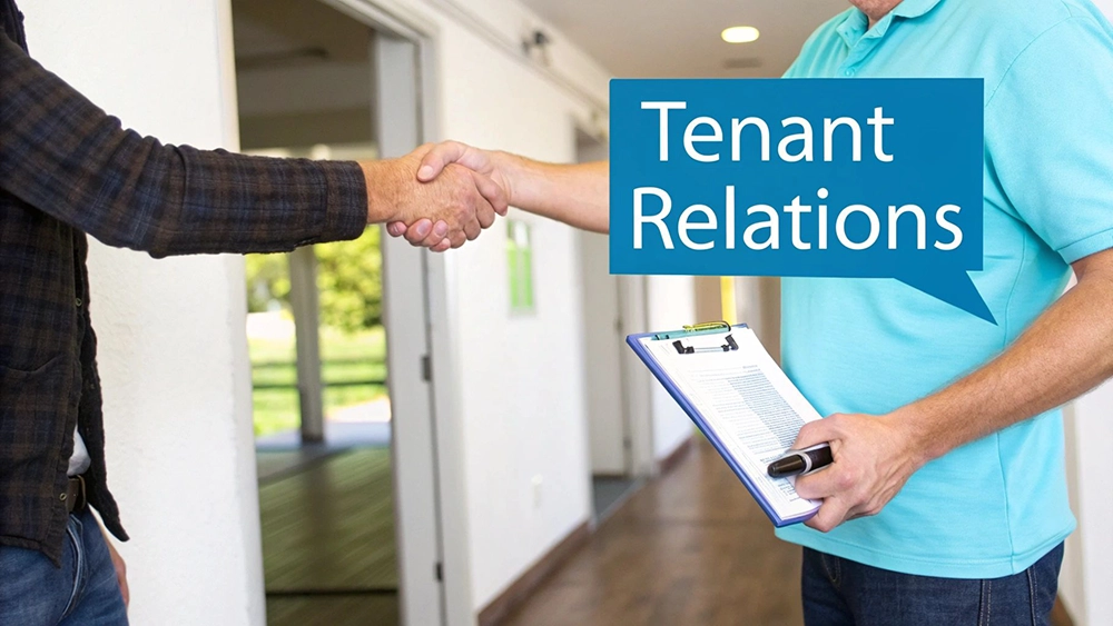 Professionals shaking hands, symbolizing tenant relations, with one holding a clipboard and pen.