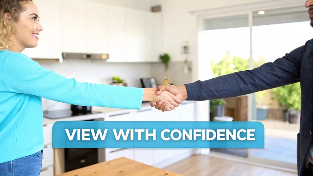 Two people, a man and a woman, shaking hands in a bright, modern kitchen. Text overlay reads 'VIEW WITH CONFIDENCE'.