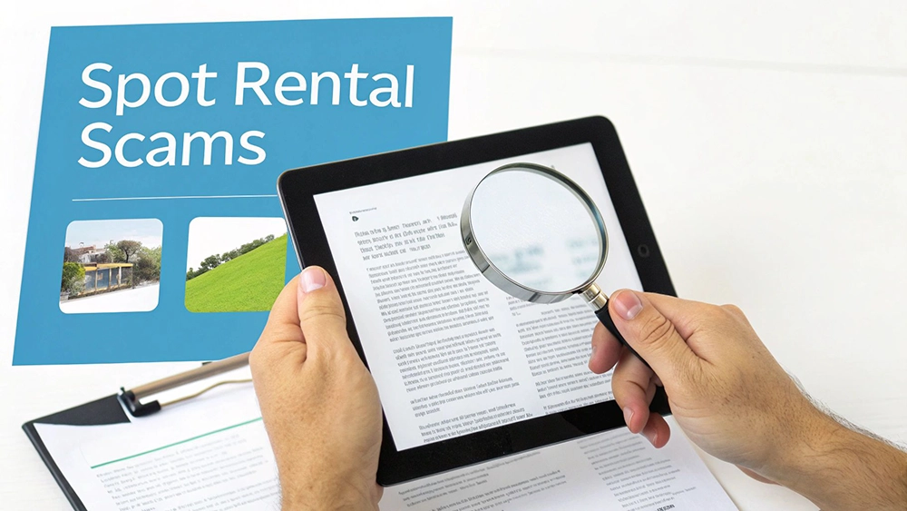 A person looking at their laptop with a concerned expression, with a magnifying glass icon over the screen.