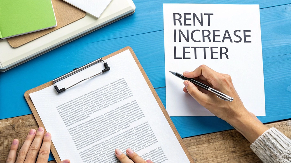 A hand writing on a 'RENT INCREASE LETTER' document, with a clipboard and notebooks on a blue wooden desk.