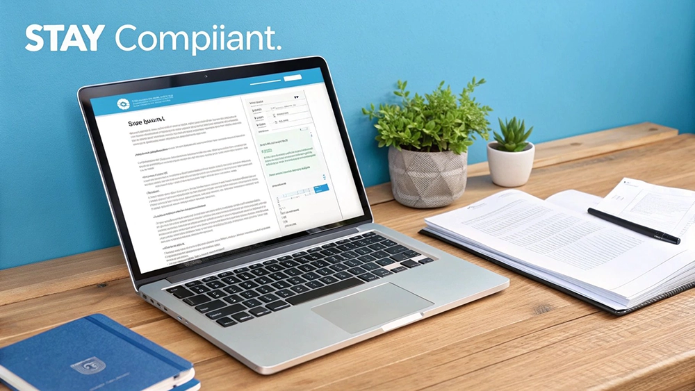 A laptop on a wooden desk displays compliance documents, an open notebook, and potted plants with 'STAY Compliant' text.