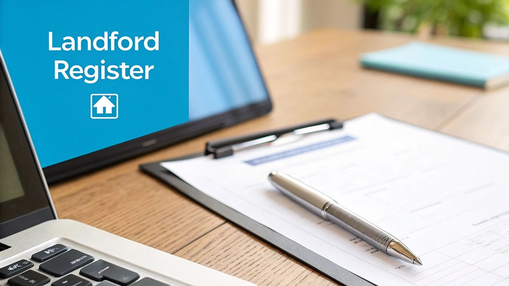 A laptop displaying "Landford Register" and a house icon, with a pen, document, and tablet on a wooden desk.